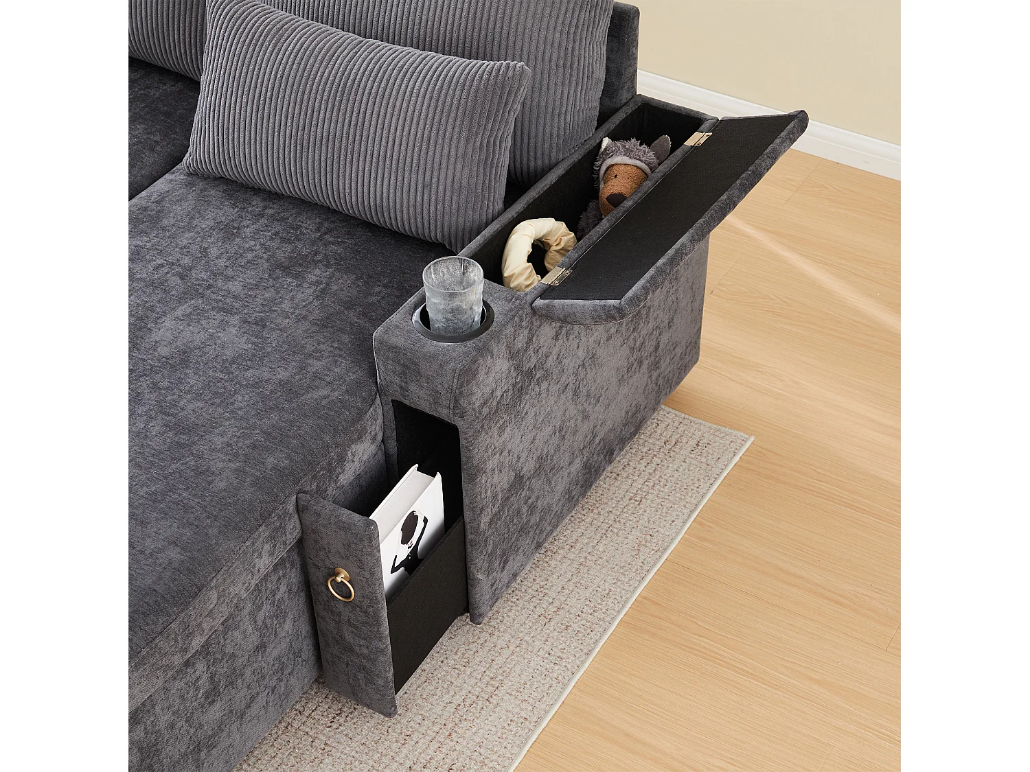 Canapé convertible gigogne 4 places - 272 x 131 x 84 cm - avec porte-gobelets + rangement + coussins - velours - gris