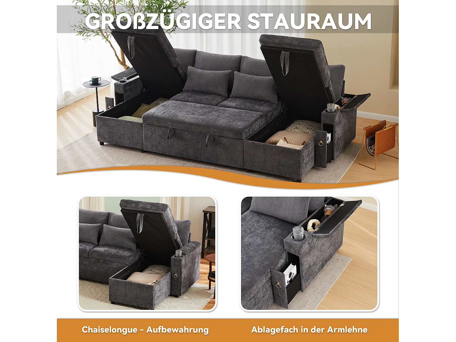 Canapé convertible gigogne 4 places - 272 x 131 x 84 cm - avec porte-gobelets + rangement + coussins - velours - gris