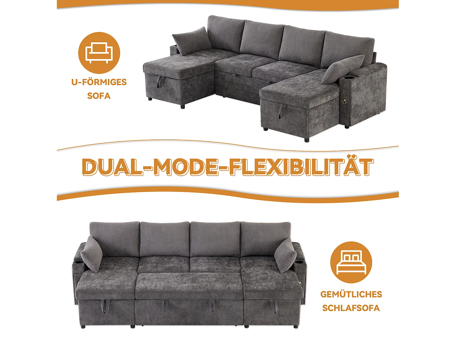 Canapé convertible gigogne 4 places - 272 x 131 x 84 cm - avec porte-gobelets + rangement + coussins - velours - gris