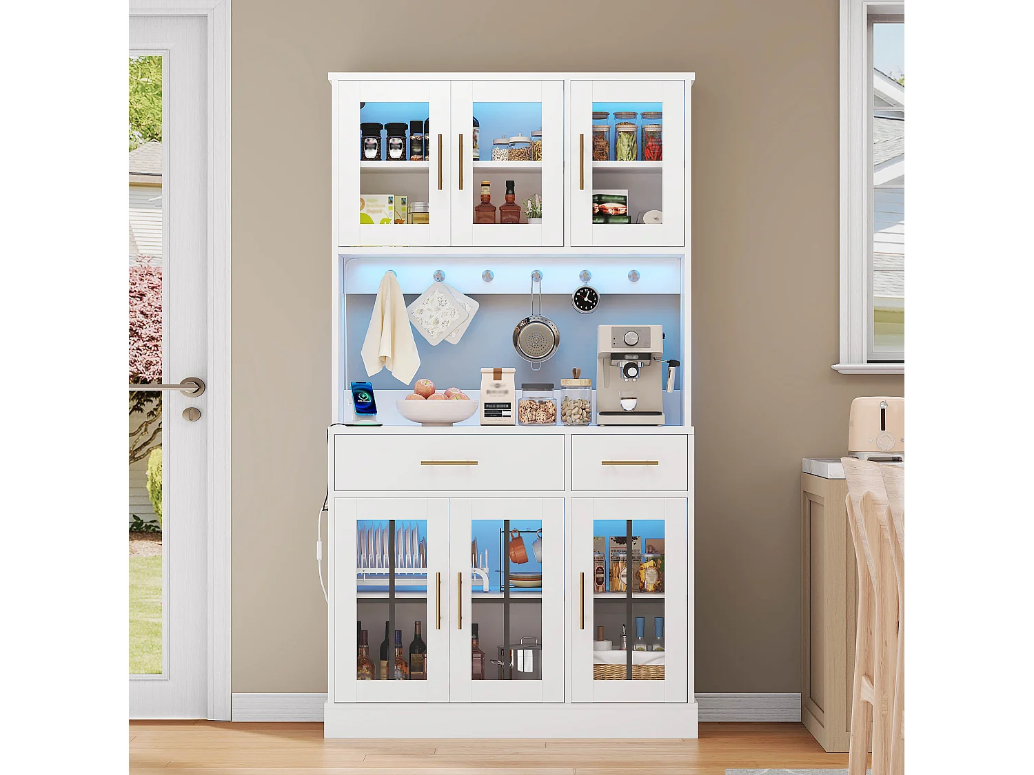 Buffet de cuisine moderne 100x40x180cm - avec prise et LED - avec 2 tiroirs et 6 portes - Blanc