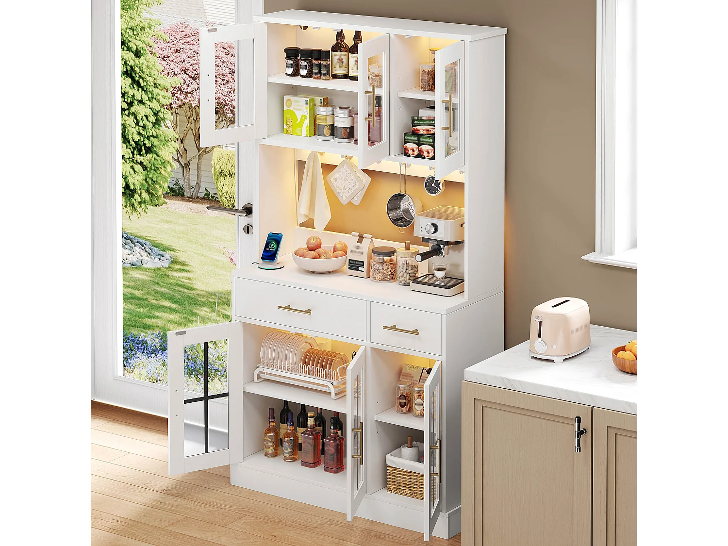 Buffet de cuisine moderne 100x40x180cm - avec prise et LED - avec 2 tiroirs et 6 portes - Blanc