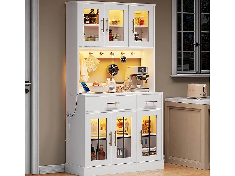 Buffet de cuisine moderne 100x40x180cm - avec prise et LED - avec 2 tiroirs et 6 portes - Blanc