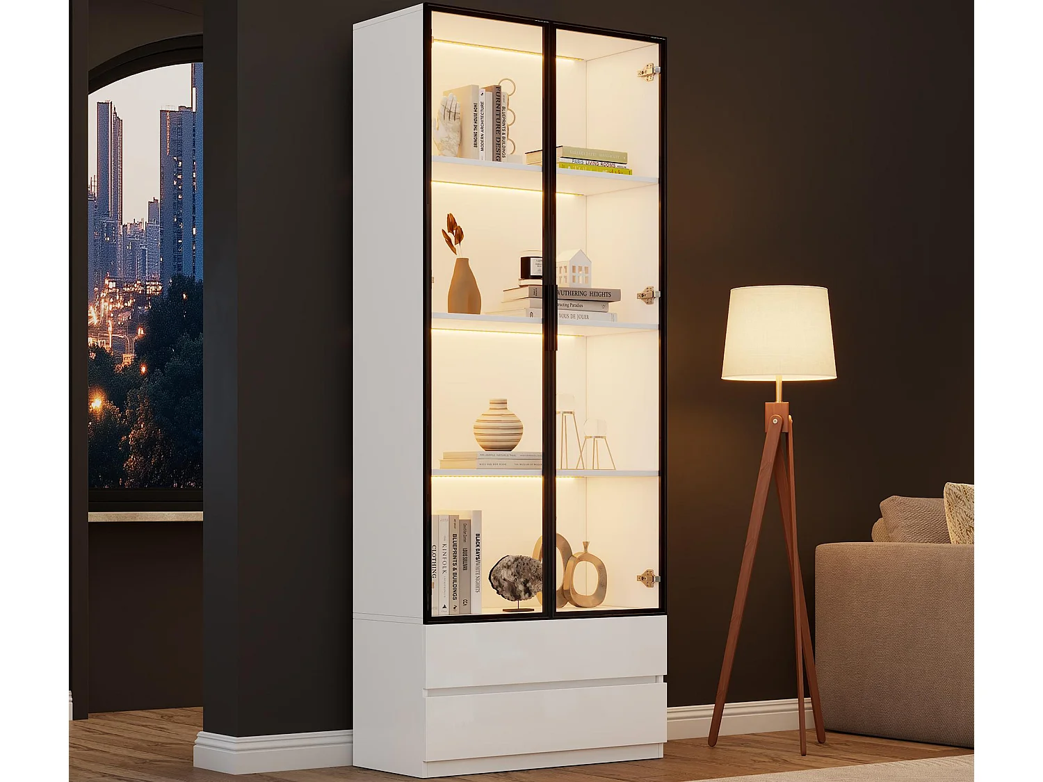 Vitrine 80x34x200 cm - avec éclairage LED - avec 2 porte et 2 tiroirs - Finition brillante - blanc
