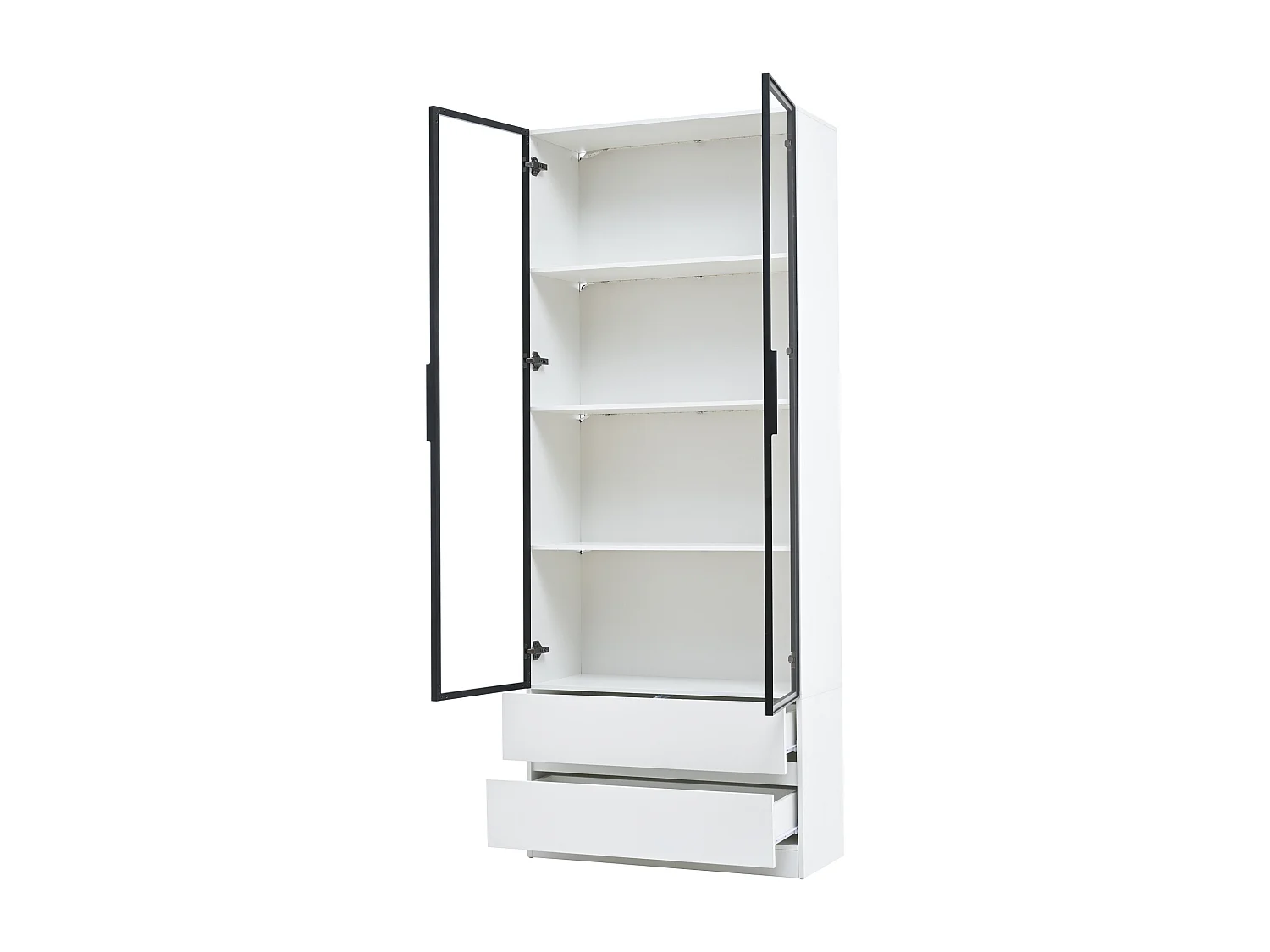 Vitrine 80x34x200 cm - avec éclairage LED - avec 2 porte et 2 tiroirs - Finition brillante - blanc