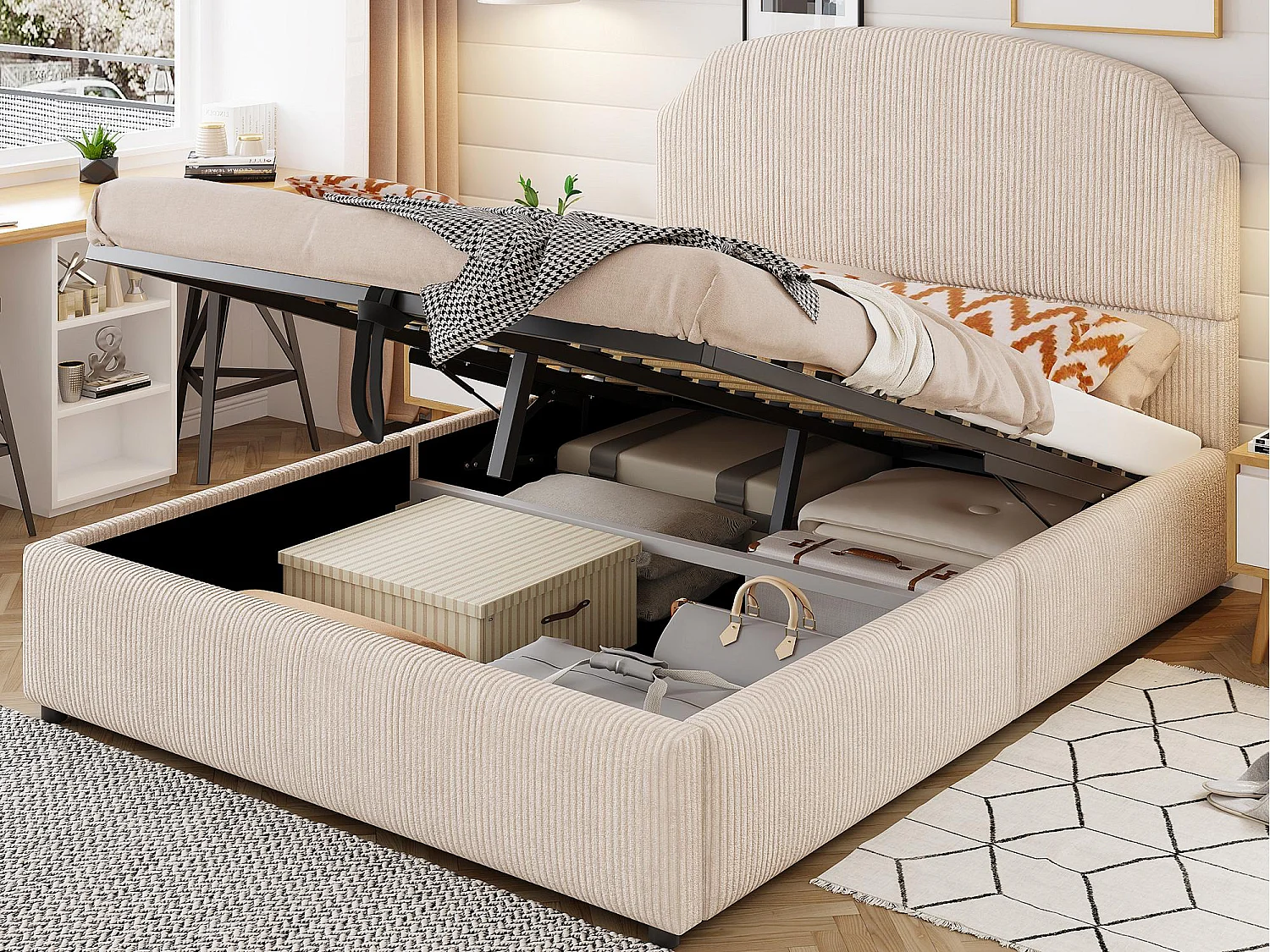 Lit coffre rembourré 140x200 - avec sommier à lattes - Beige (Matelas non inclus)