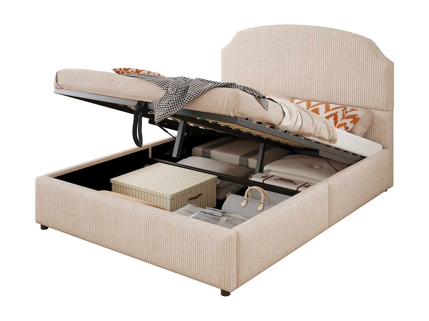 Lit coffre rembourré 140x200 - avec sommier à lattes - Beige (Matelas non inclus)