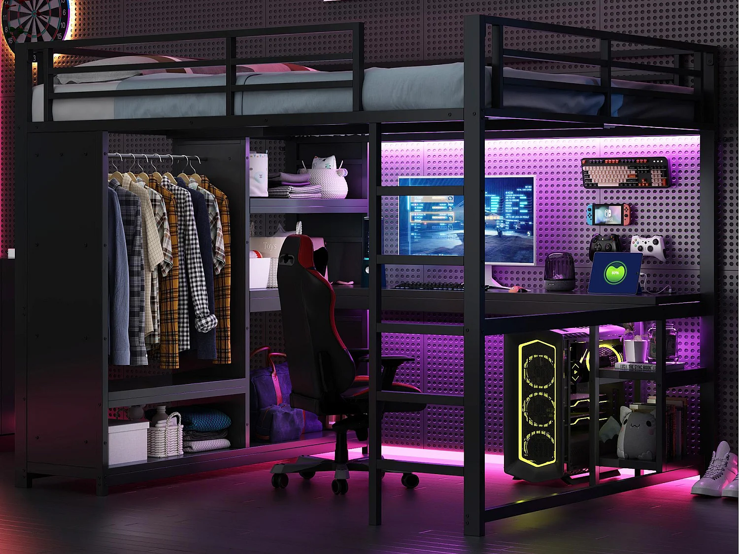 Lit mezzanine 160x200cm - avec LED - avec bureau et armoire ouverte - Métal - Noir(sans matelas)