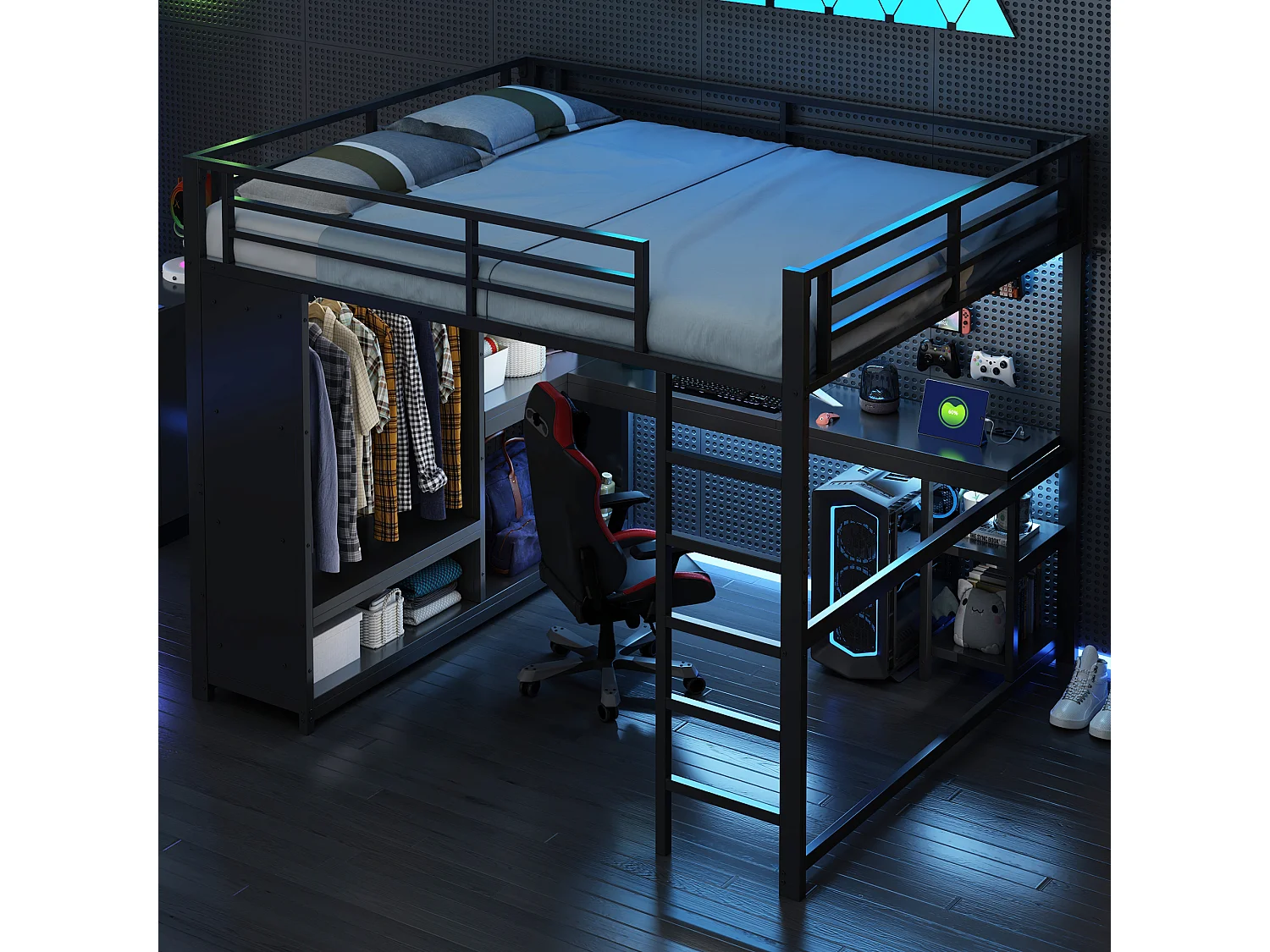 Lit mezzanine 160x200cm - avec LED - avec bureau et armoire ouverte - Métal - Noir(sans matelas)