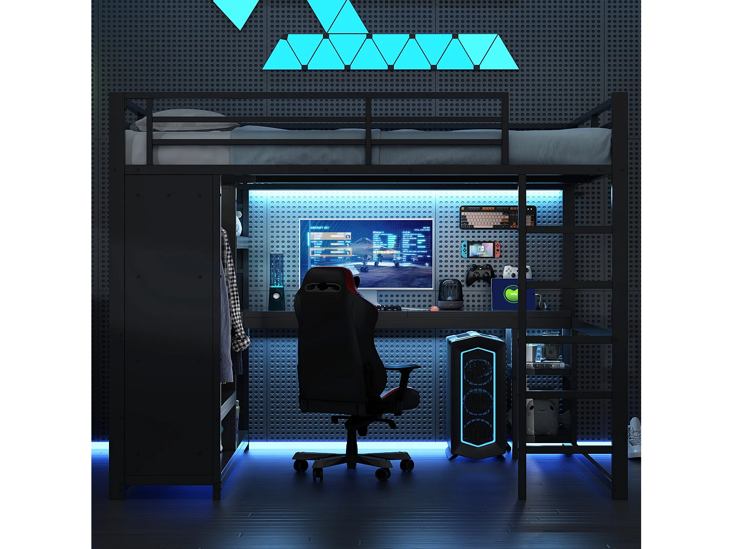 Lit mezzanine 160x200cm - avec LED - avec bureau et armoire ouverte - Métal - Noir(sans matelas)