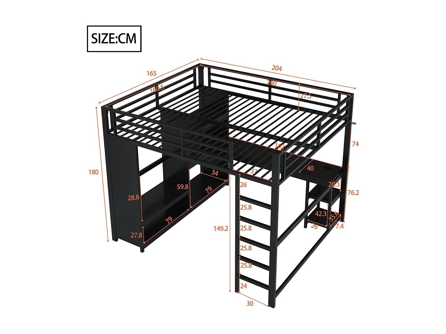 Lit mezzanine 160x200cm - avec LED - avec bureau et armoire ouverte - Métal - Noir(sans matelas)