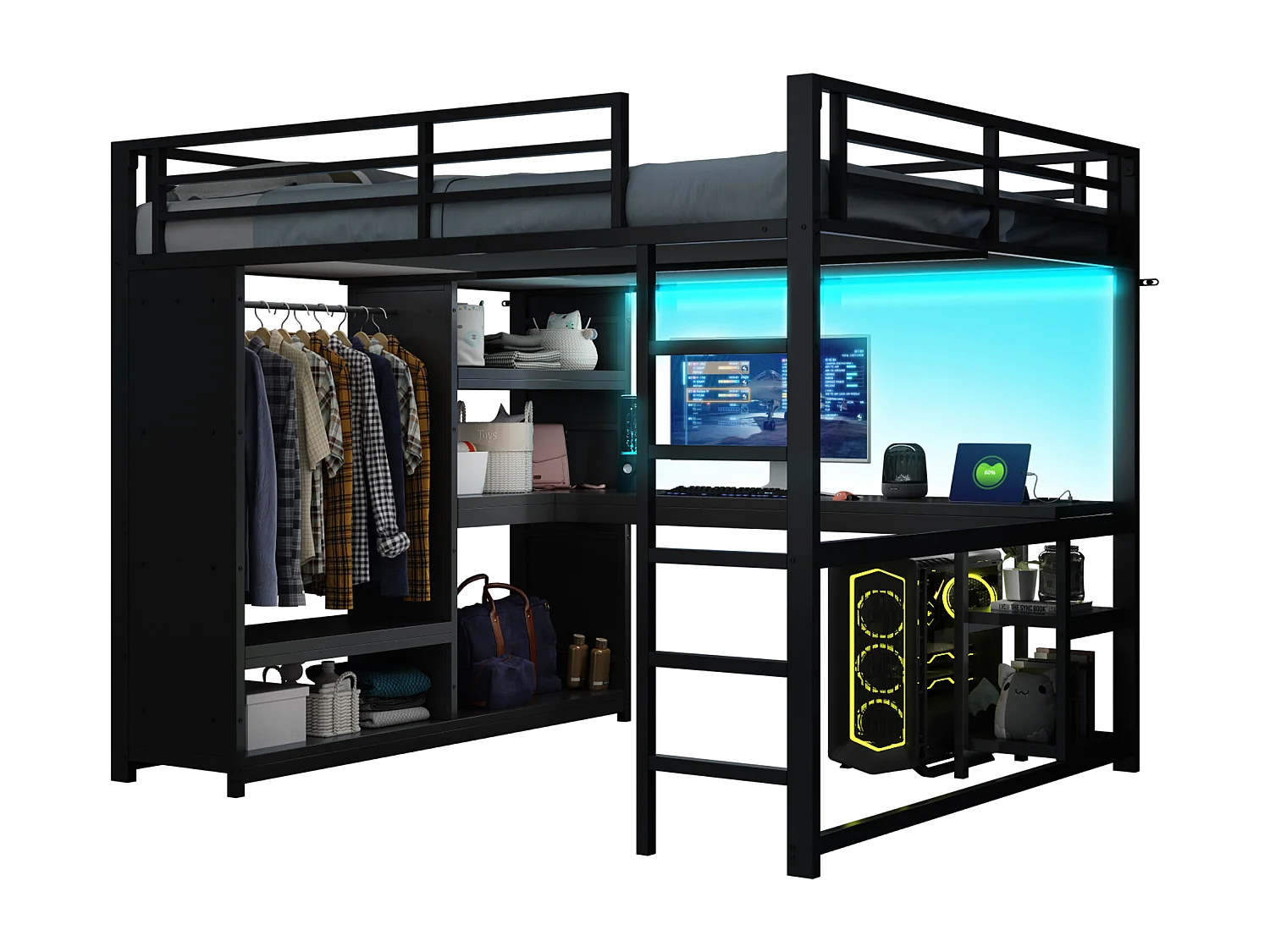Lit mezzanine 160x200cm - avec LED - avec bureau et armoire ouverte - Métal - Noir(sans matelas)
