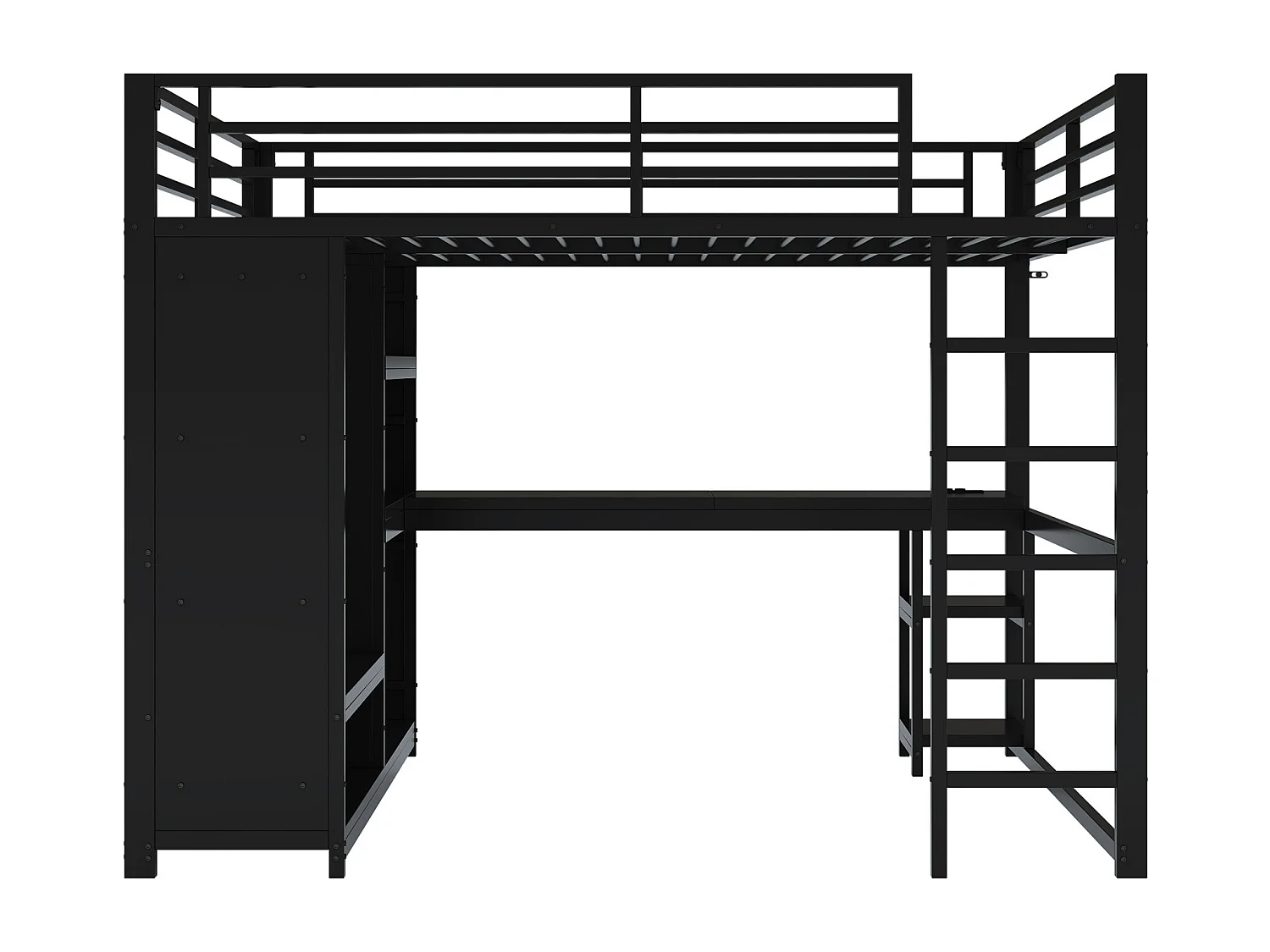 Lit mezzanine 160x200cm - avec LED - avec bureau et armoire ouverte - Métal - Noir(sans matelas)