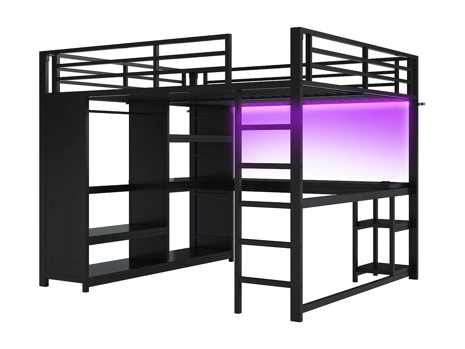 Lit mezzanine 160x200cm - avec LED - avec bureau et armoire ouverte - Métal - Noir(sans matelas)