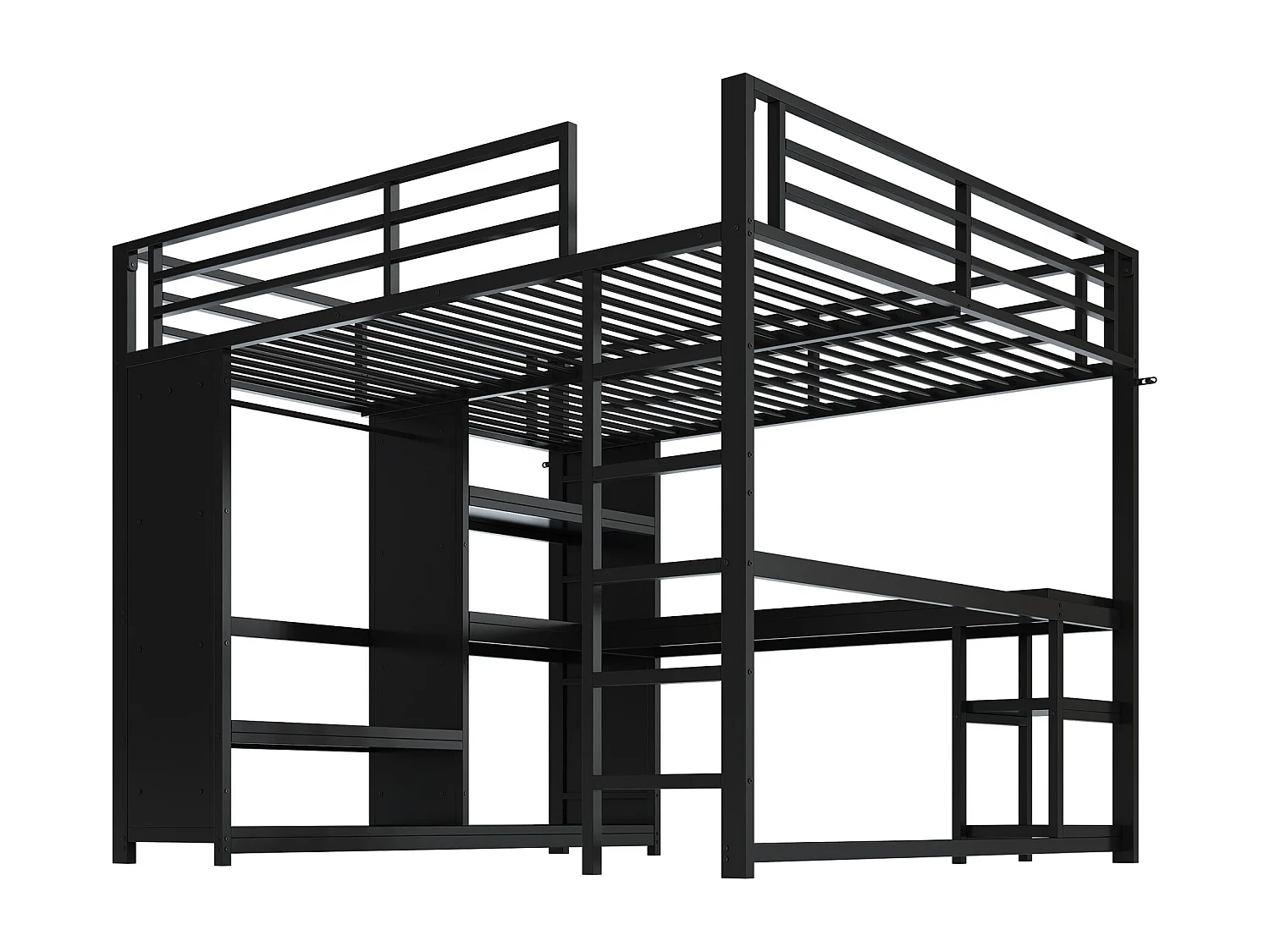 Lit mezzanine 160x200cm - avec LED - avec bureau et armoire ouverte - Métal - Noir(sans matelas)