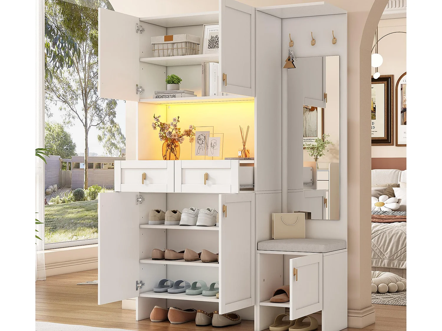 Vestiaire d'entrée moderne 120x33.5x180cm - avec LED et miroir - avec banc à chaussures et meuble à chaussures - avec 2 tiroirs et et 5 portes - Blanc