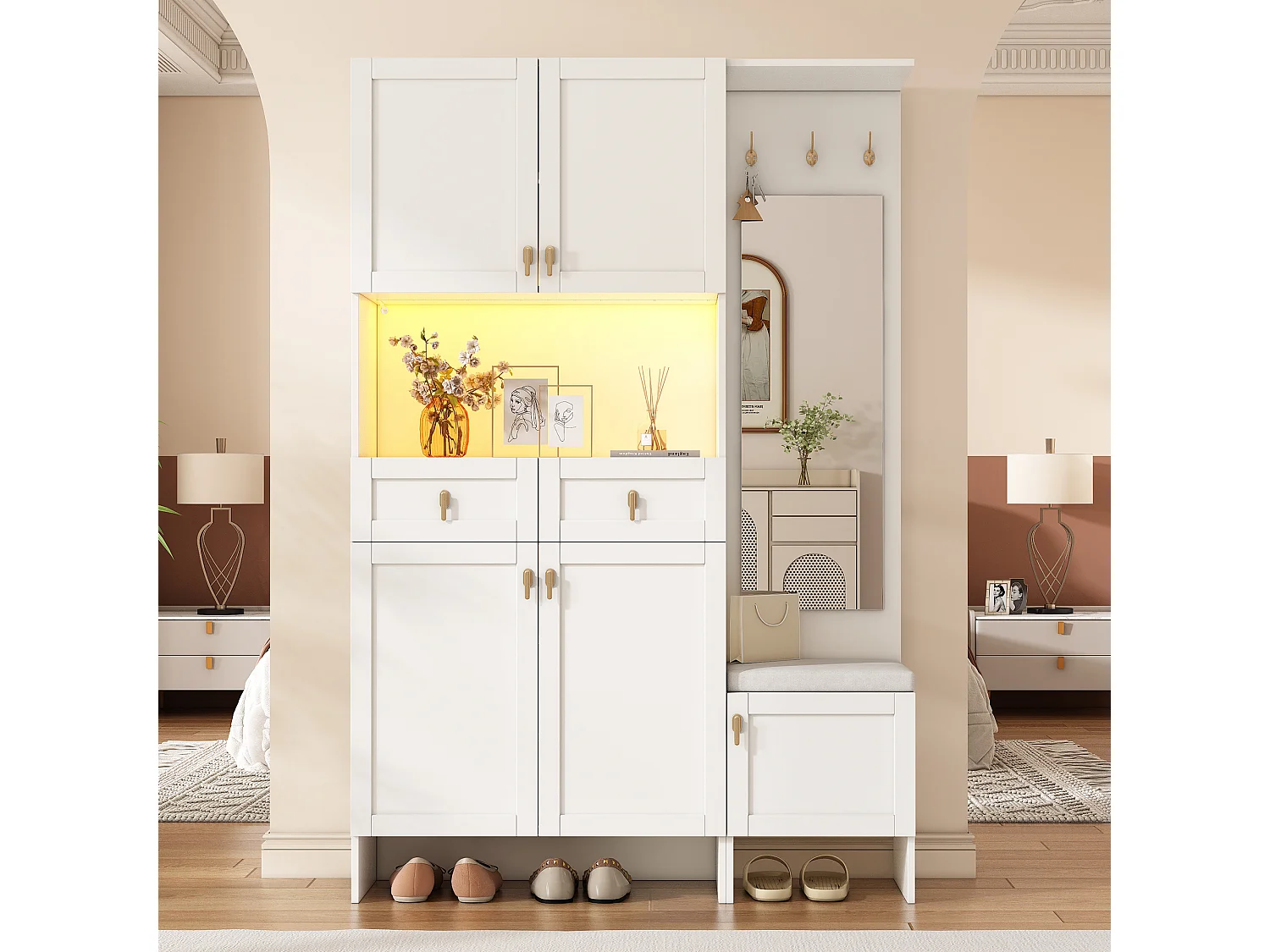 Vestiaire d'entrée moderne 120x33.5x180cm - avec LED et miroir - avec banc à chaussures et meuble à chaussures - avec 2 tiroirs et et 5 portes - Blanc