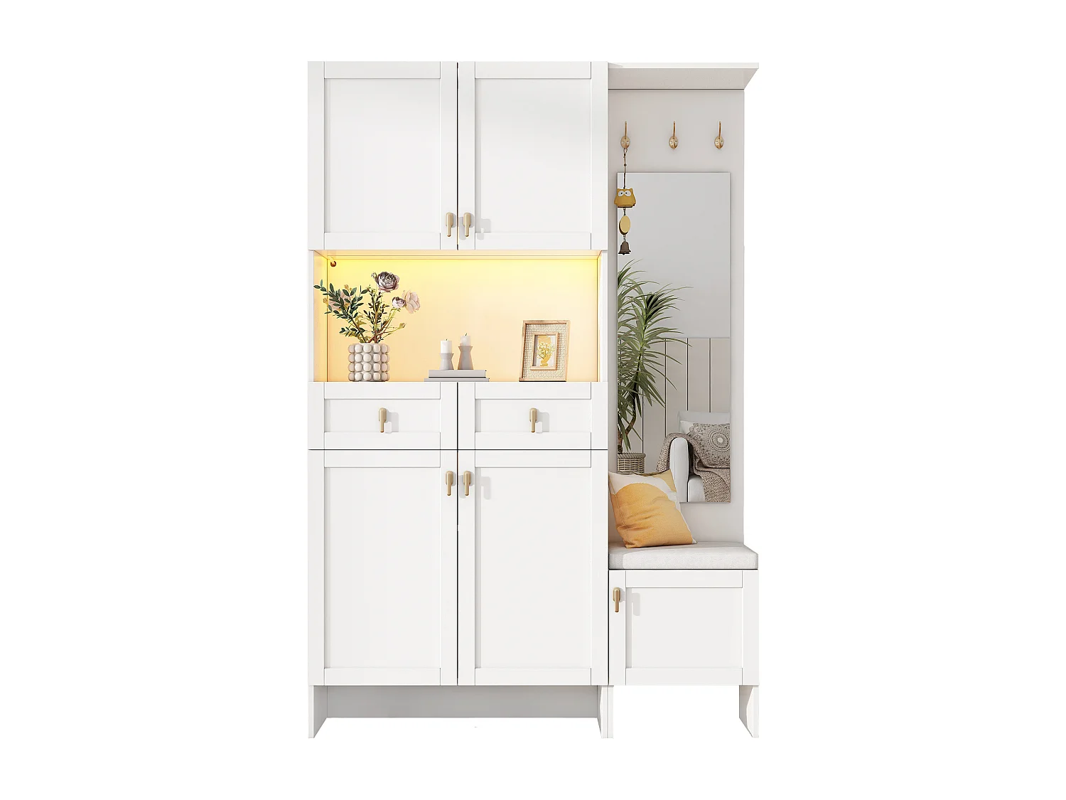 Vestiaire d'entrée moderne 120x33.5x180cm - avec LED et miroir - avec banc à chaussures et meuble à chaussures - avec 2 tiroirs et et 5 portes - Blanc