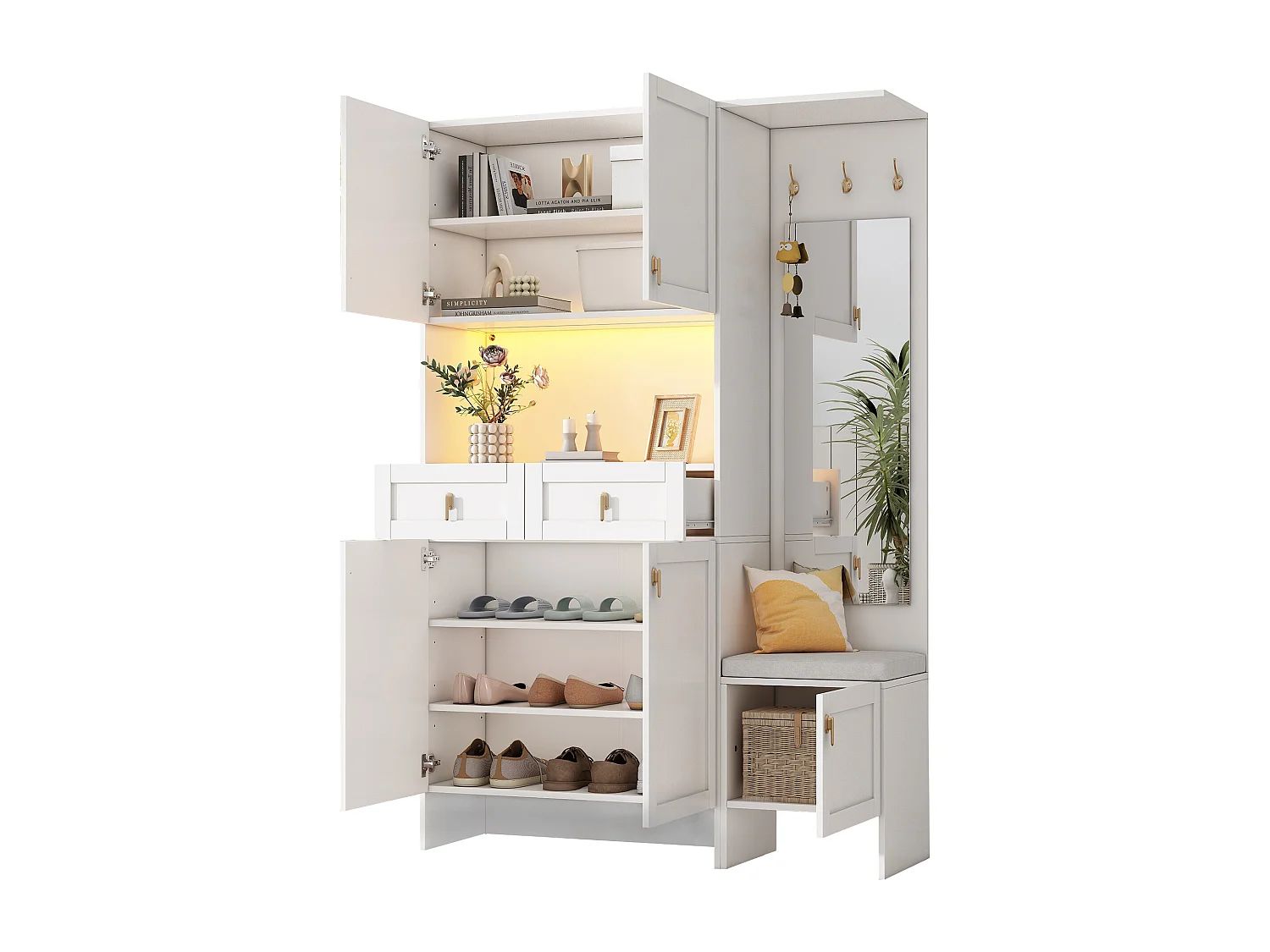 Vestiaire d'entrée moderne 120x33.5x180cm - avec LED et miroir - avec banc à chaussures et meuble à chaussures - avec 2 tiroirs et et 5 portes - Blanc