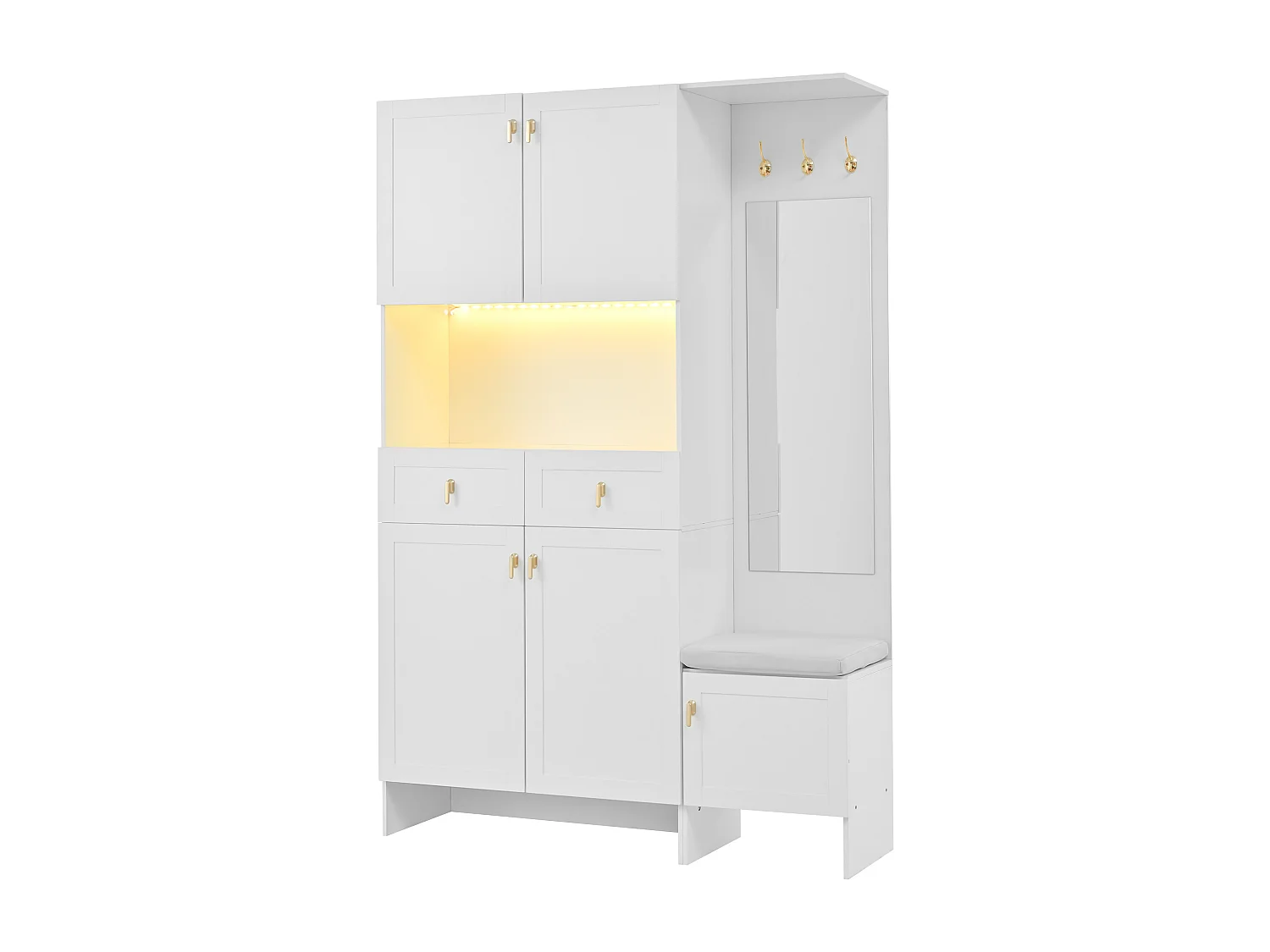 Vestiaire d'entrée moderne 120x33.5x180cm - avec LED et miroir - avec banc à chaussures et meuble à chaussures - avec 2 tiroirs et et 5 portes - Blanc