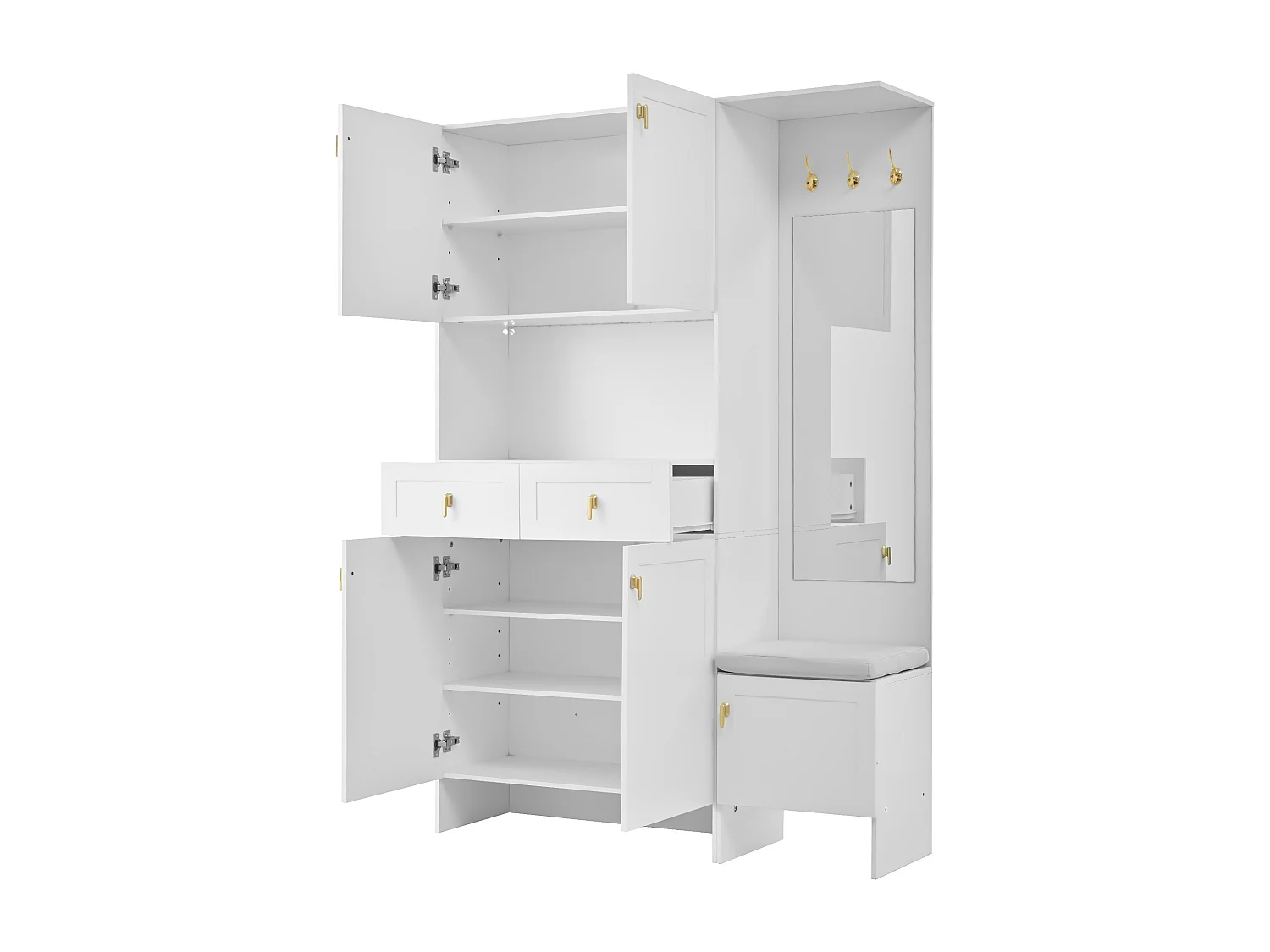 Vestiaire d'entrée moderne 120x33.5x180cm - avec LED et miroir - avec banc à chaussures et meuble à chaussures - avec 2 tiroirs et et 5 portes - Blanc