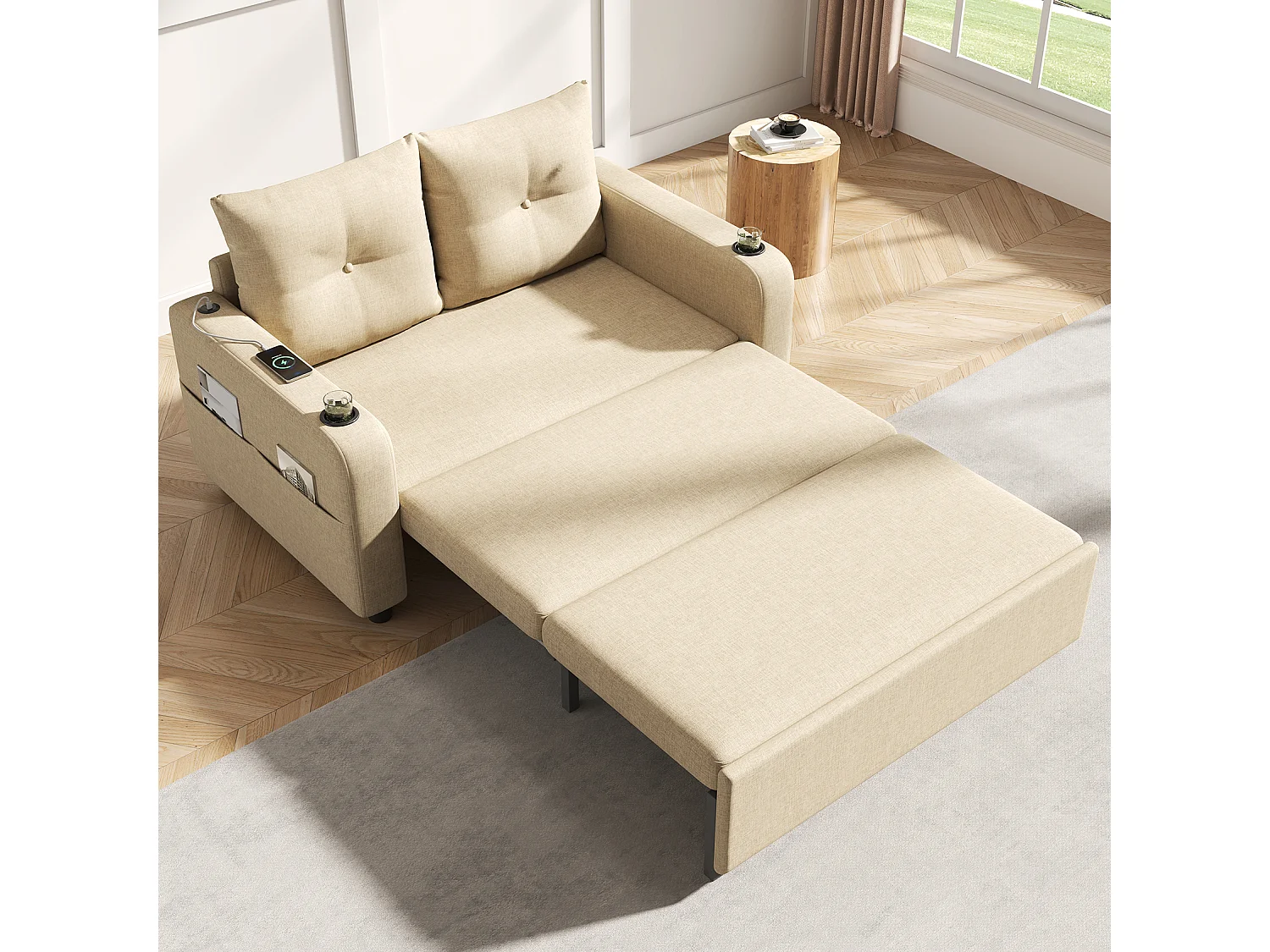 Canapé-lit convertible 3 en 1 - 131 x 81 x 94 cm - avec porte-gobelet + coussins + USB - Coton et lin - beige