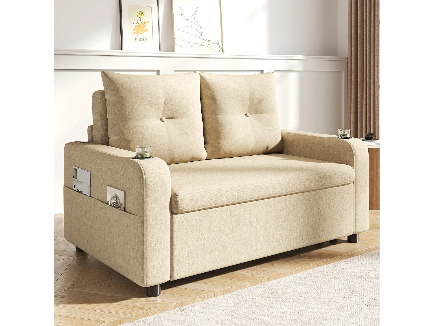 Canapé-lit convertible 3 en 1 - 131 x 81 x 94 cm - avec porte-gobelet + coussins + USB - Coton et lin - beige