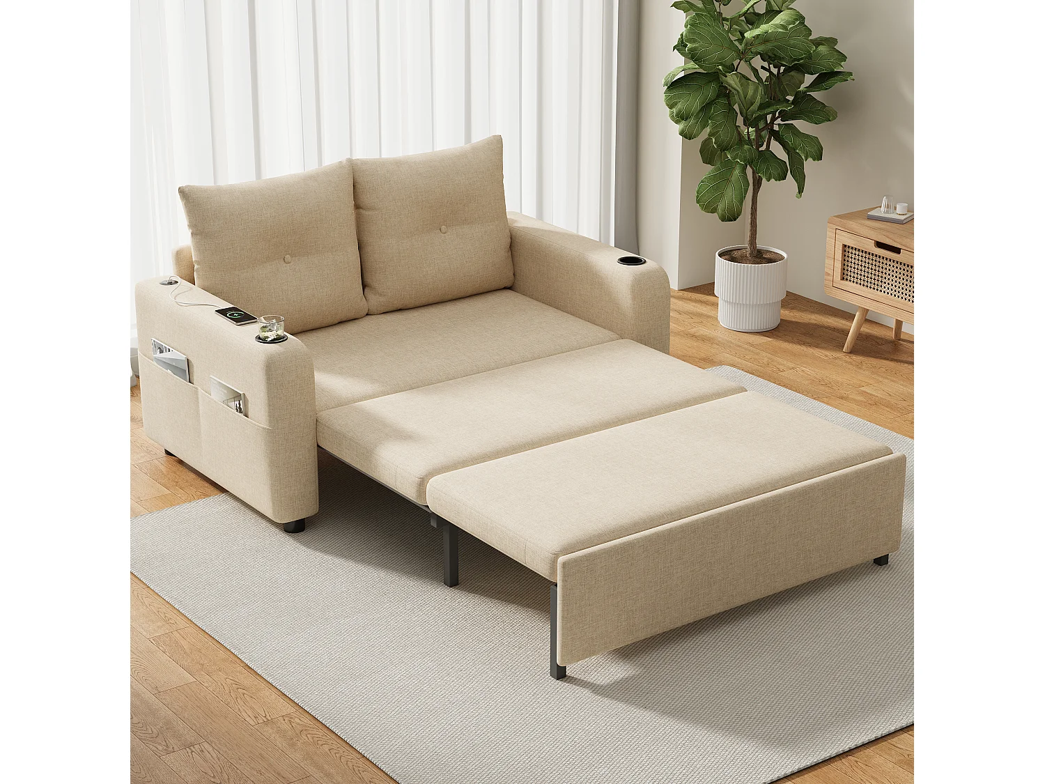 Canapé-lit convertible 3 en 1 - 131 x 81 x 94 cm - avec porte-gobelet + coussins + USB - Coton et lin - beige