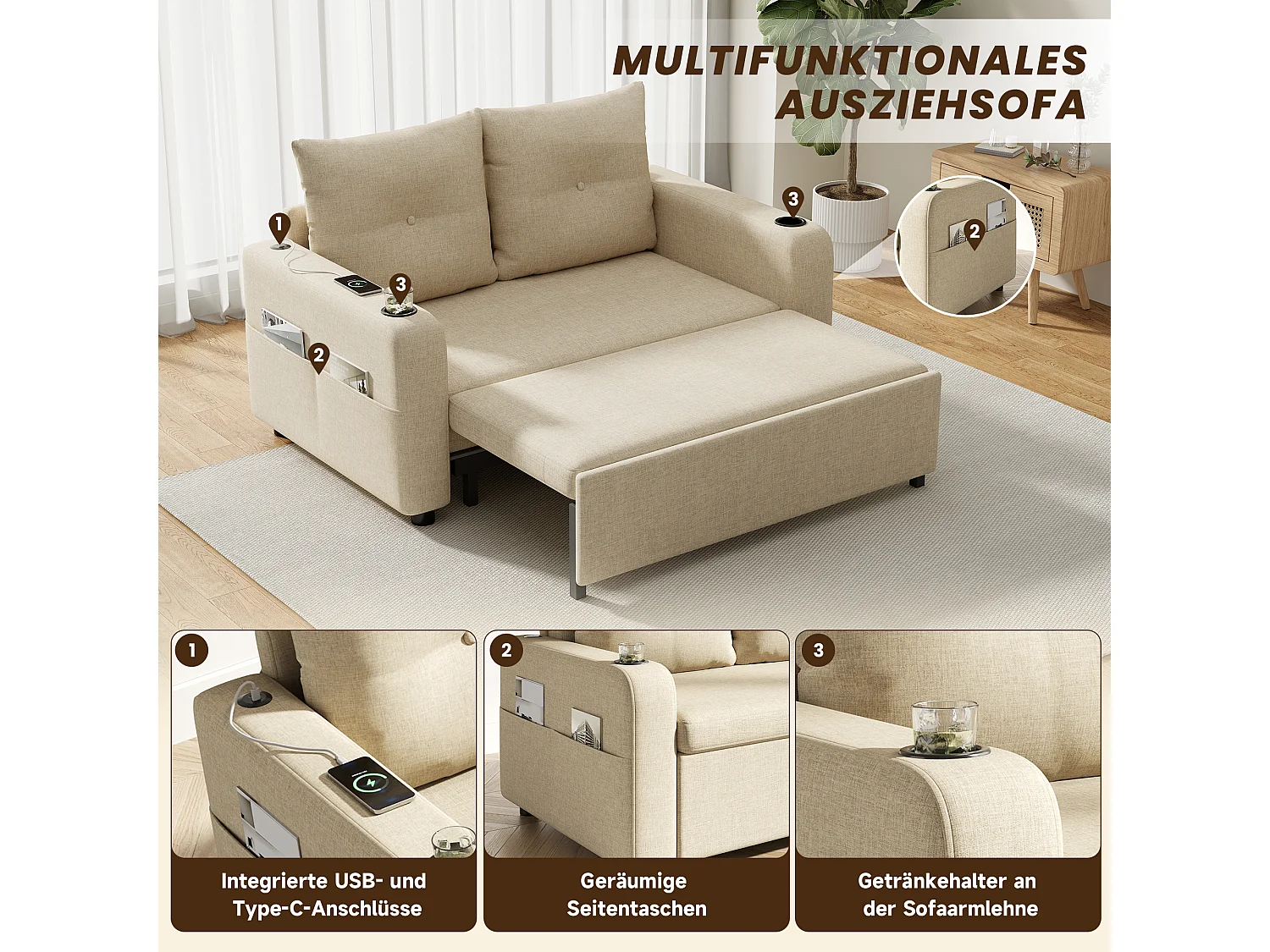 Canapé-lit convertible 3 en 1 - 131 x 81 x 94 cm - avec porte-gobelet + coussins + USB - Coton et lin - beige