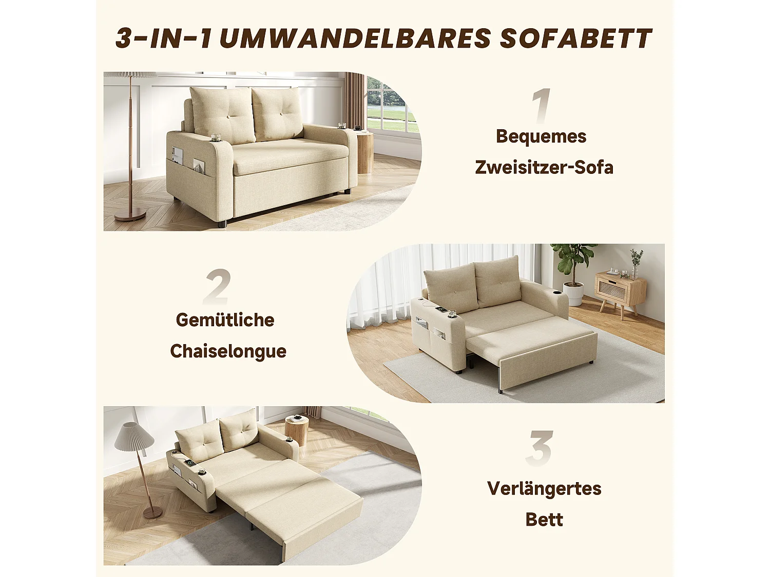 Canapé-lit convertible 3 en 1 - 131 x 81 x 94 cm - avec porte-gobelet + coussins + USB - Coton et lin - beige