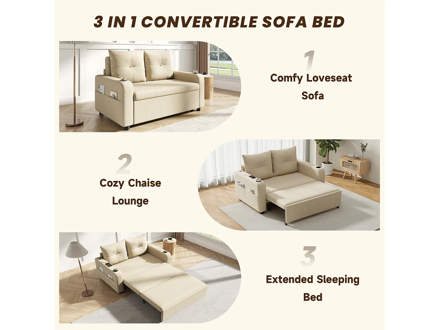 Canapé-lit convertible 3 en 1 - 131 x 81 x 94 cm - avec porte-gobelet + coussins + USB - Coton et lin - beige