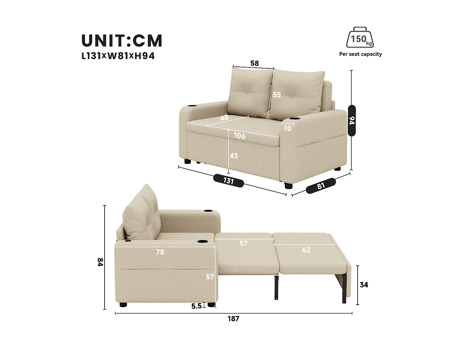 Canapé-lit convertible 3 en 1 - 131 x 81 x 94 cm - avec porte-gobelet + coussins + USB - Coton et lin - beige
