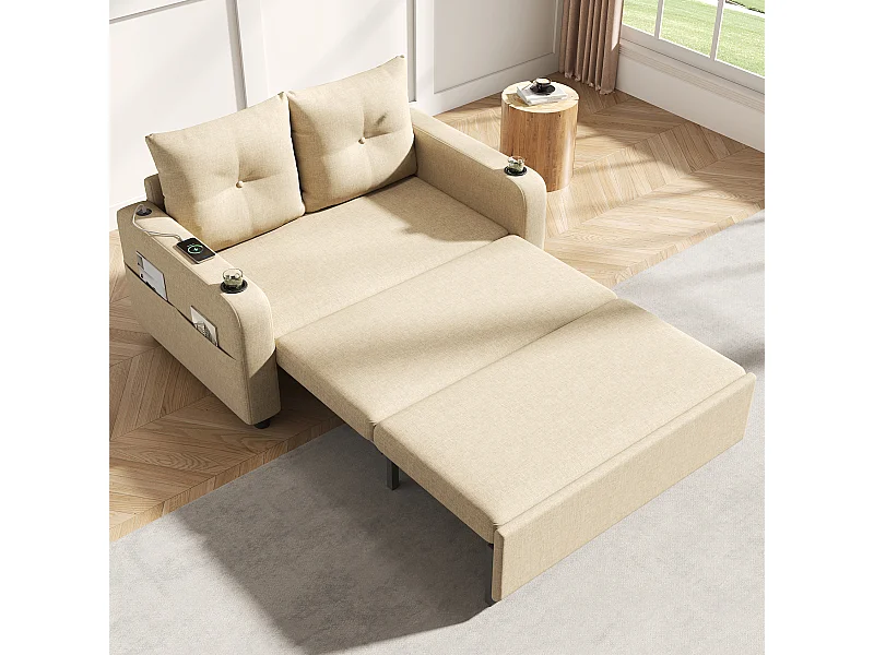Canapé-lit convertible 3 en 1 - 131 x 81 x 94 cm - avec porte-gobelet + coussins + USB - Coton et lin - beige