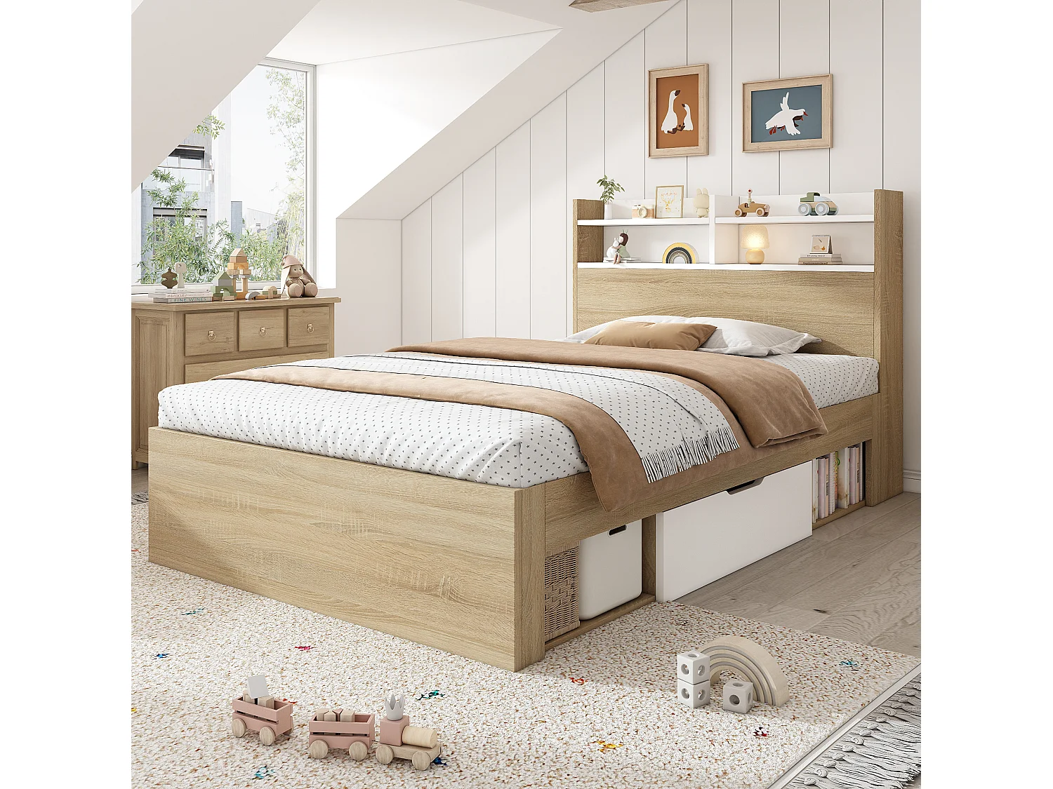 Einzelbett 90x200cm - mit 2 Schubladen - Kopfteil mit Ablagefach - Spanplatten + Massivholz - Natur