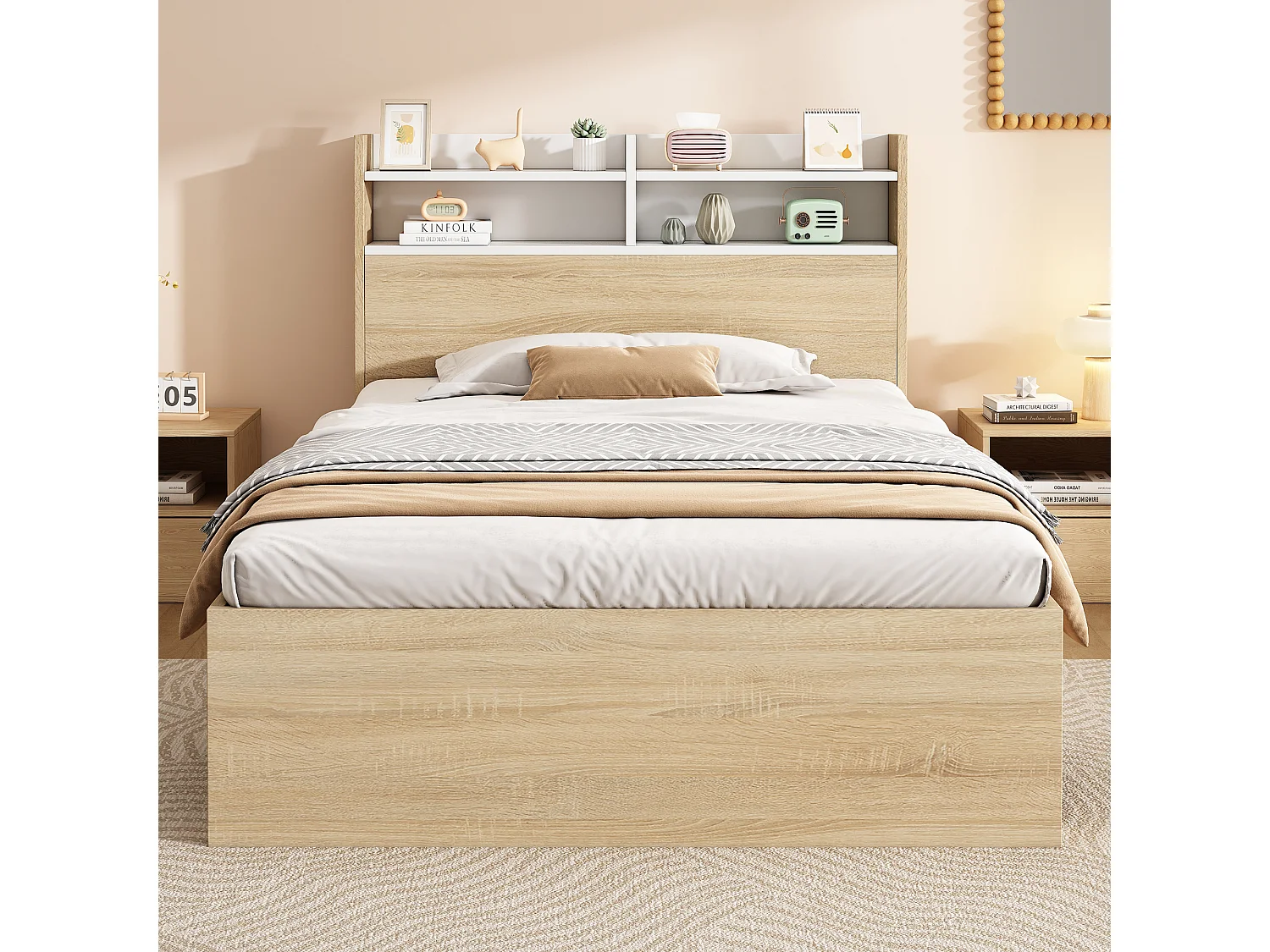 Lit simple 90x200cm - avec 2 tiroirs - tête de lit avec étagère - panneaux de particules + bois massif - Naturel