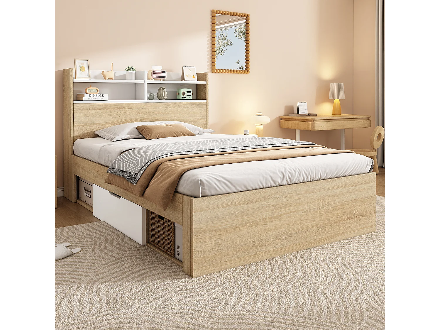 Lit simple 90x200cm - avec 2 tiroirs - tête de lit avec étagère - panneaux de particules + bois massif - Naturel