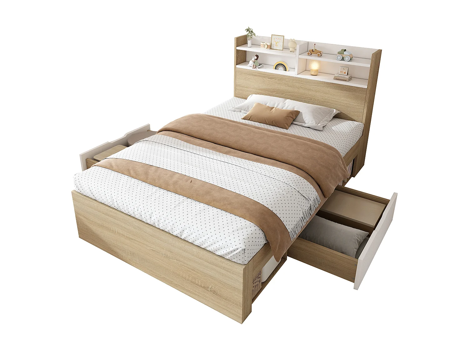 Lit simple 90x200cm - avec 2 tiroirs - tête de lit avec étagère - panneaux de particules + bois massif - Naturel