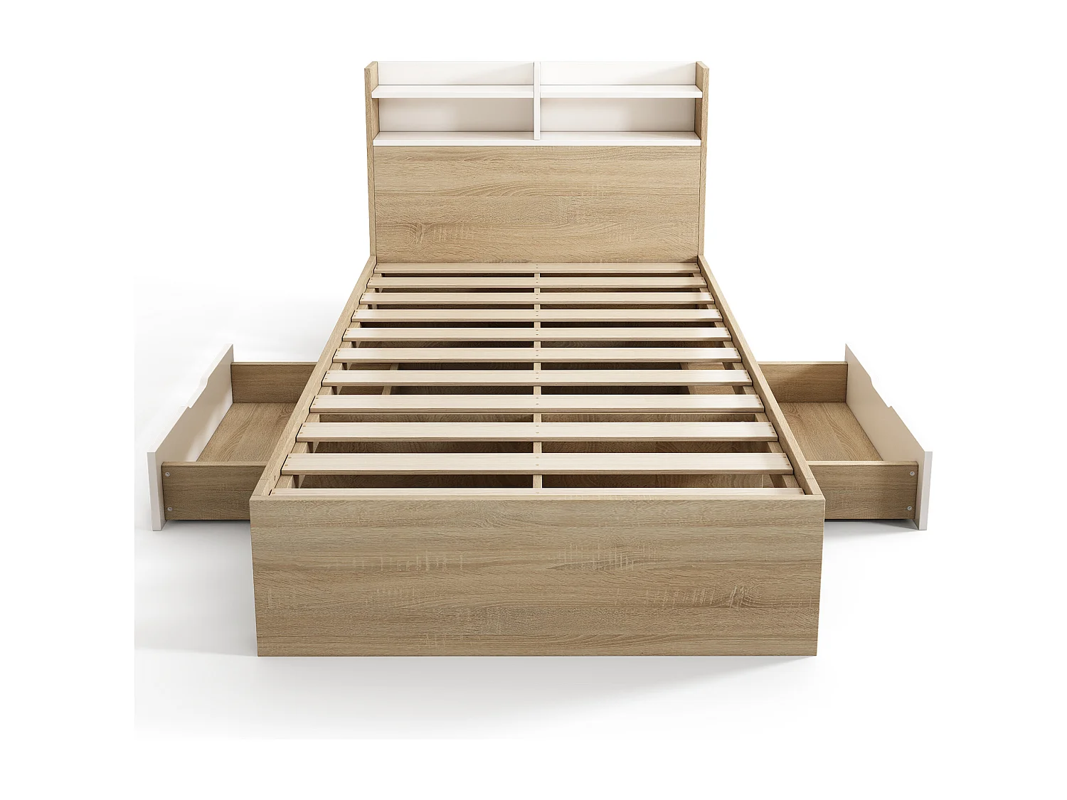 Lit simple 90x200cm - avec 2 tiroirs - tête de lit avec étagère - panneaux de particules + bois massif - Naturel