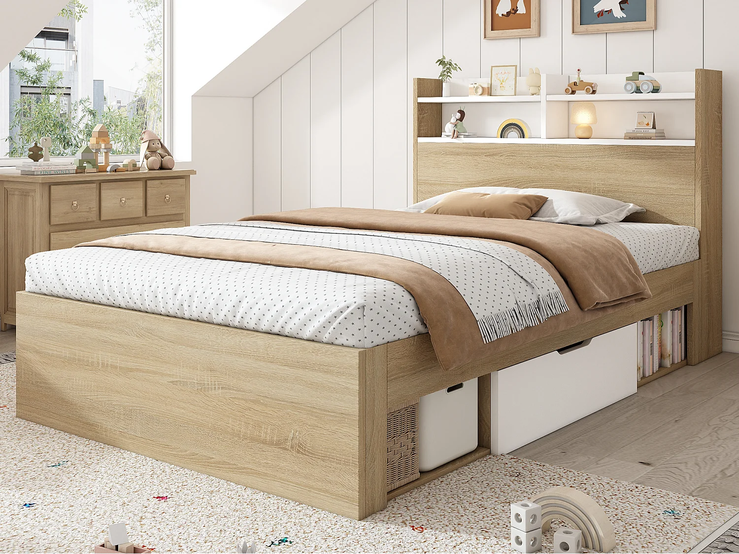 Lit simple 90x200cm - avec 2 tiroirs - tête de lit avec étagère - panneaux de particules + bois massif - Naturel