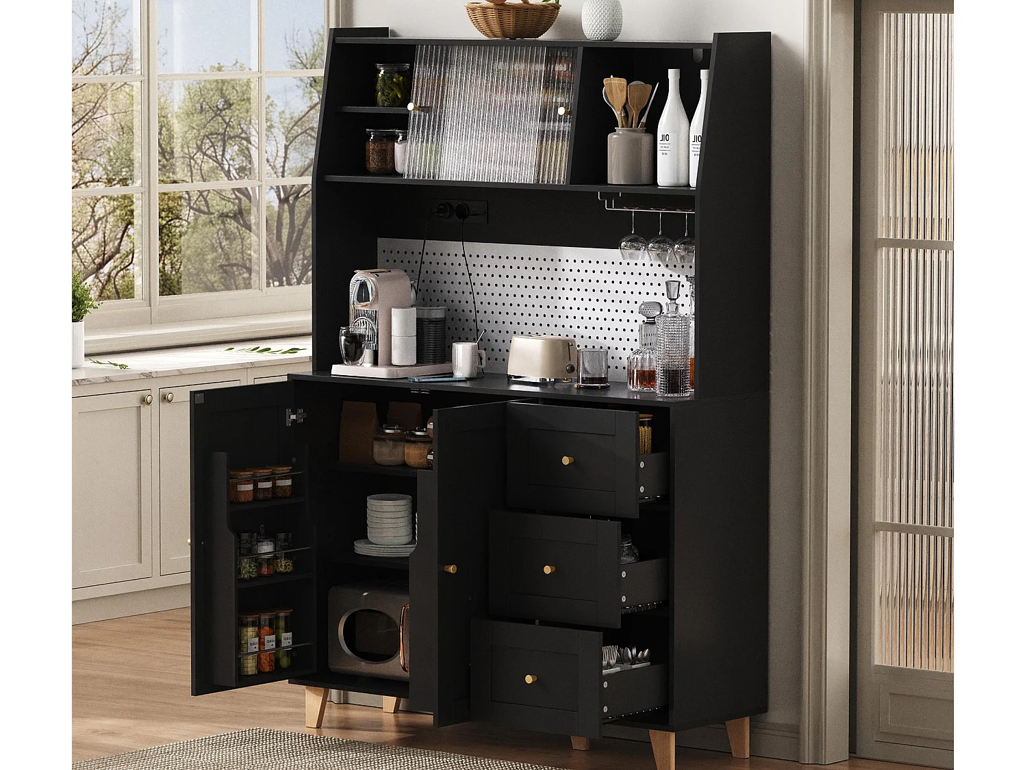 Modernes Küchenbuffet 120x40x184cm - mit Steckdose und Weinglashaltern - mit 3 Schubladen und 5 Türen - Schwarz