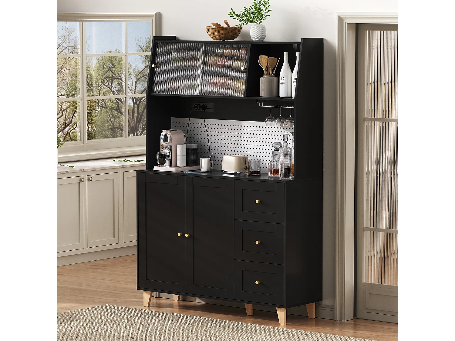 Modernes Küchenbuffet 120x40x184cm - mit Steckdose und Weinglashaltern - mit 3 Schubladen und 5 Türen - Schwarz