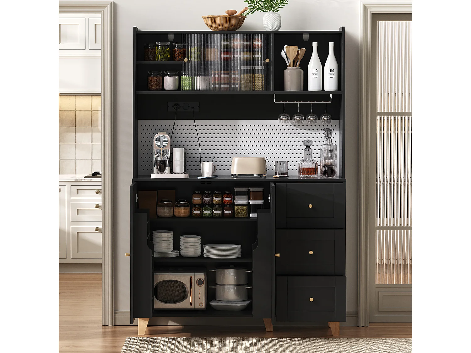 Modernes Küchenbuffet 120x40x184cm - mit Steckdose und Weinglashaltern - mit 3 Schubladen und 5 Türen - Schwarz