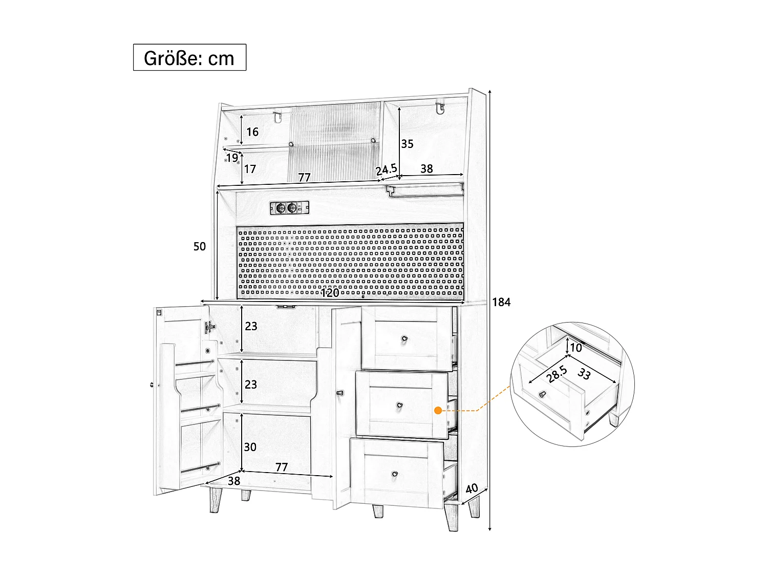 Modernes Küchenbuffet 120x40x184cm - mit Steckdose und Weinglashaltern - mit 3 Schubladen und 5 Türen - Schwarz