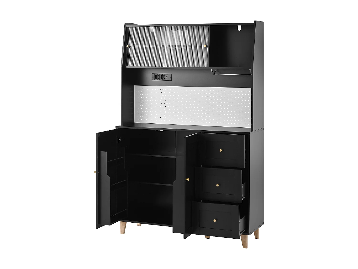 Modernes Küchenbuffet 120x40x184cm - mit Steckdose und Weinglashaltern - mit 3 Schubladen und 5 Türen - Schwarz