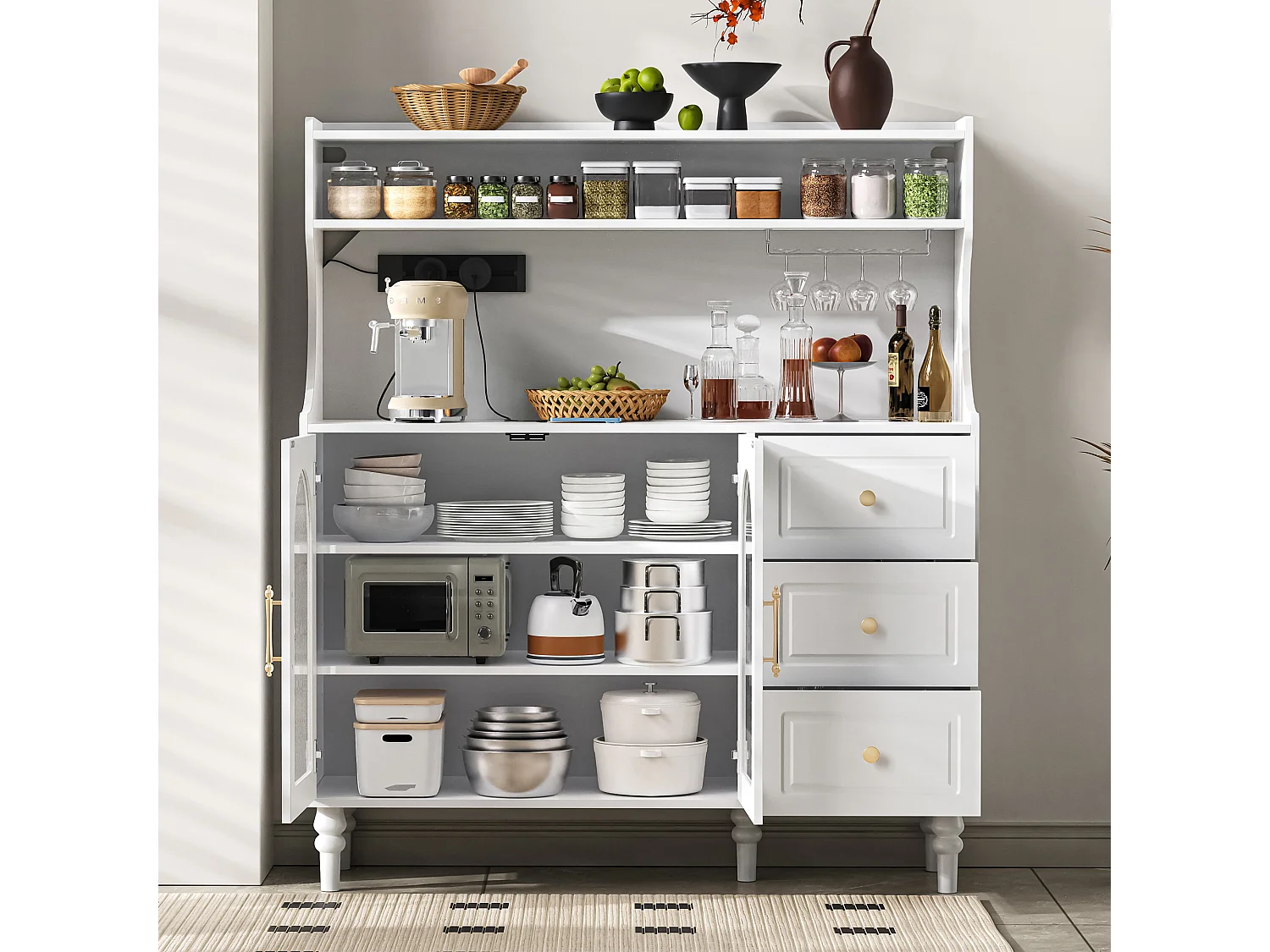 Modernes Küchenbuffet 120x40x138.5cm - mit Steckdose und Weinglashaltern - mit 3 Schubladen und 2 Türen - Weiß