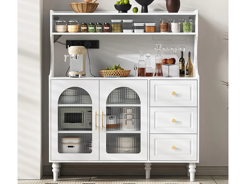 Modernes Küchenbuffet 120x40x138.5cm - mit Steckdose und Weinglashaltern - mit 3 Schubladen und 2 Türen - Weiß