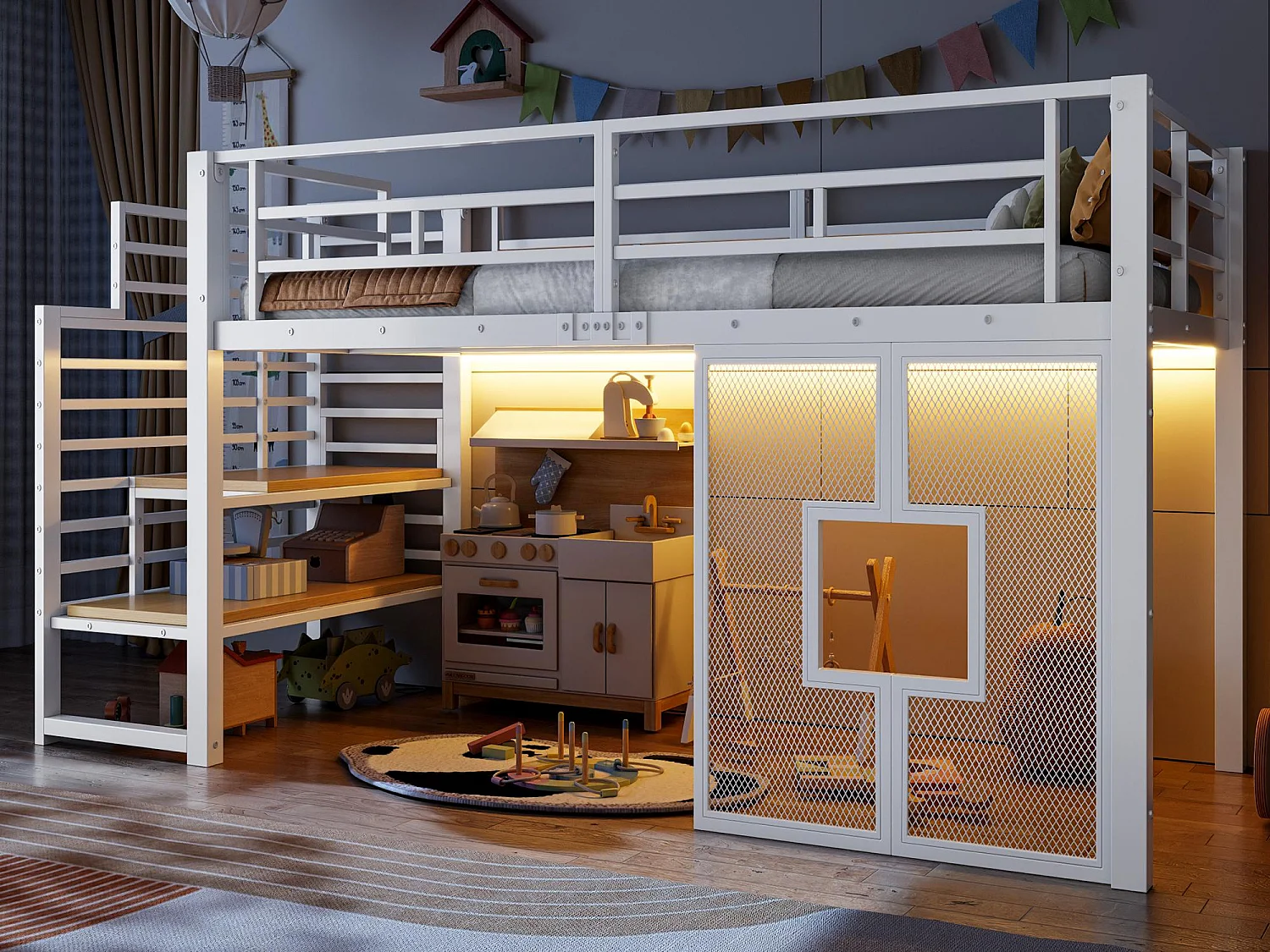 Lit mezzanine en métal 90x200cm - avec éclairage LED - Design fenêtre - Blanc ( sans matelas )