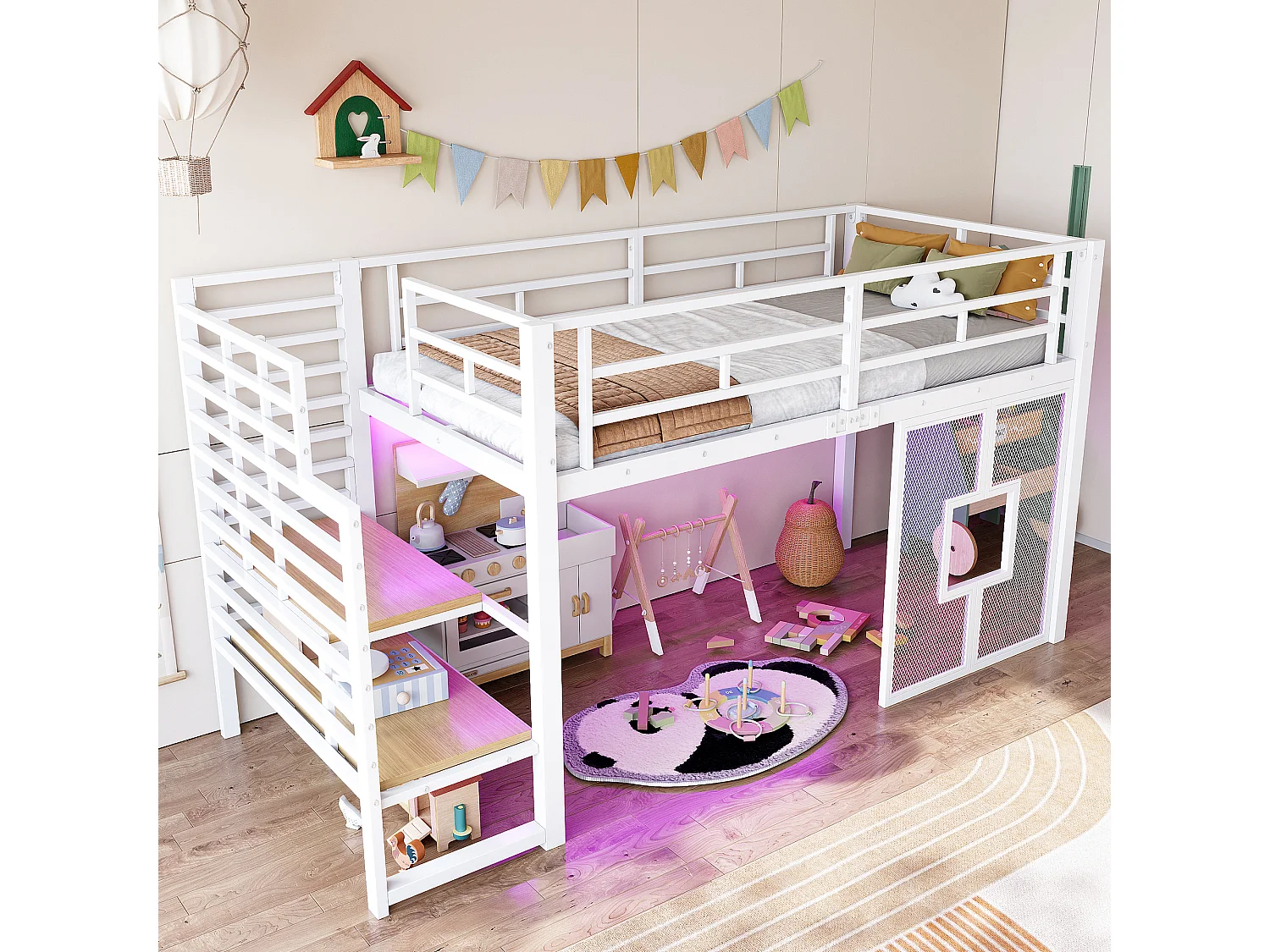 Lit mezzanine en métal 90x200cm - avec éclairage LED - Design fenêtre - Blanc ( sans matelas )