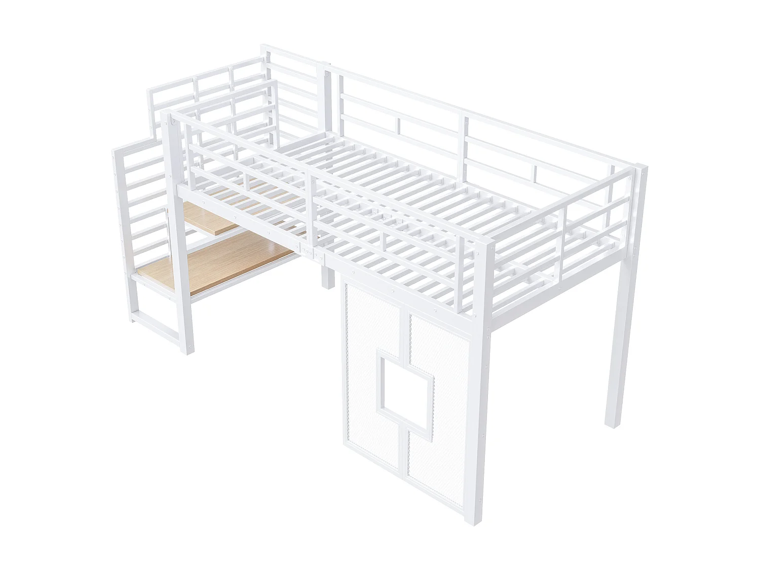 Lit mezzanine en métal 90x200cm - avec éclairage LED - Design fenêtre - Blanc ( sans matelas )