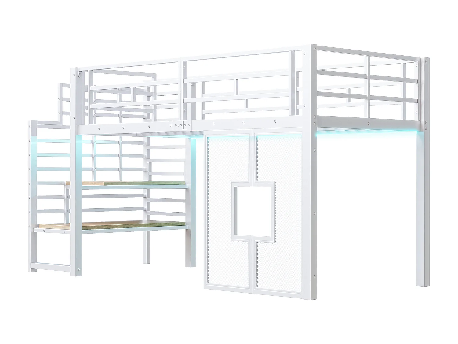 Lit mezzanine en métal 90x200cm - avec éclairage LED - Design fenêtre - Blanc ( sans matelas )