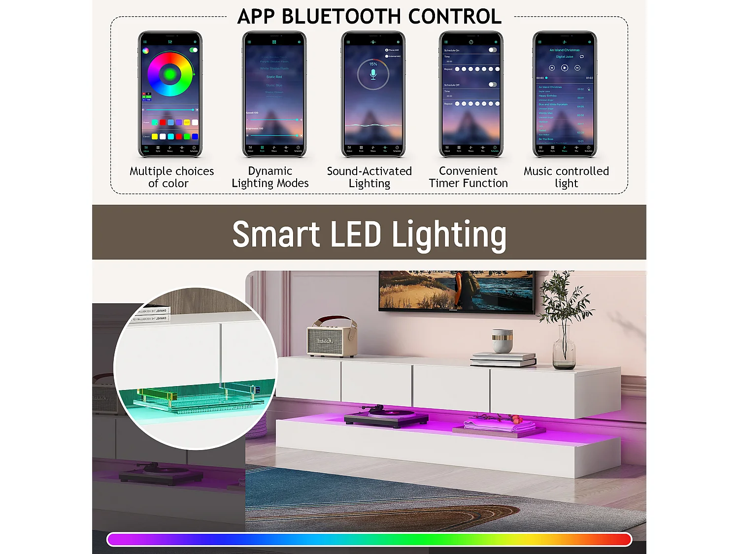 Modernes, niedriges TV-Wandmöbel – 130 x 33 x 15 cm – mit LED-Beleuchtung, 2 Schränken und 4 Schubladen – MDF – weiß